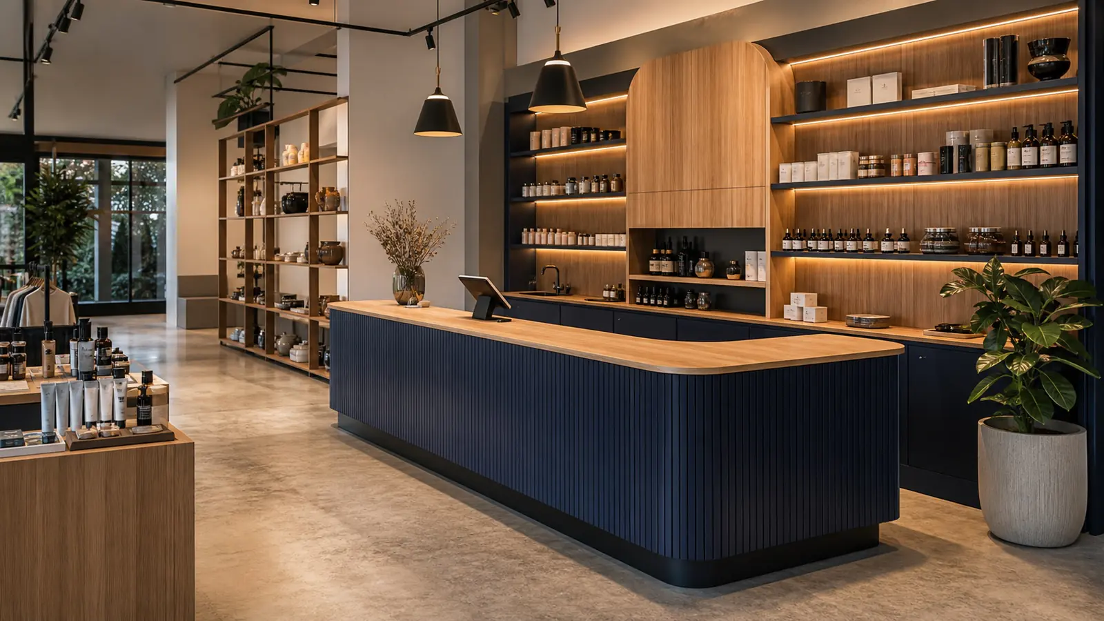 Custom retail counter and shelving in a completed commercial fit-out
