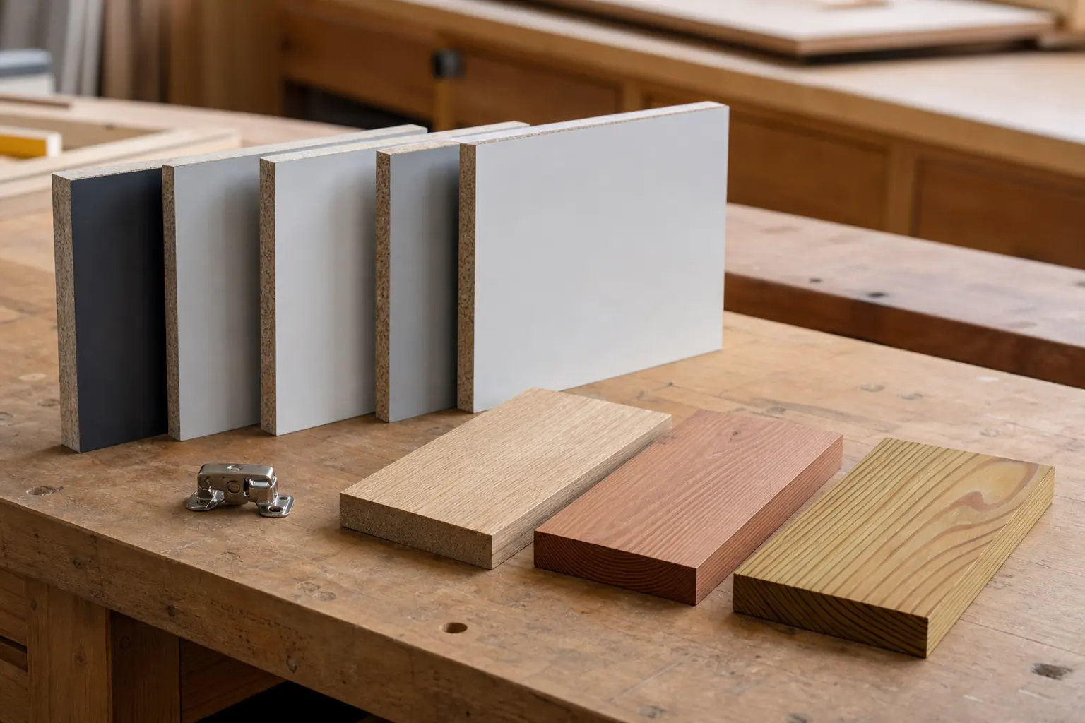 Melamine board and natural timber material samples on a joinery workbench