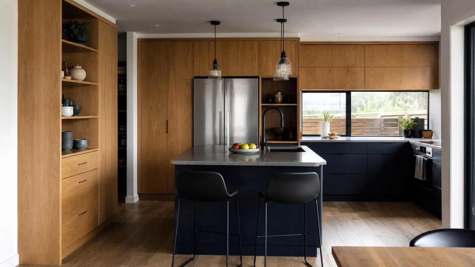 Custom timber and navy kitchen cabinetry in a Christchurch home